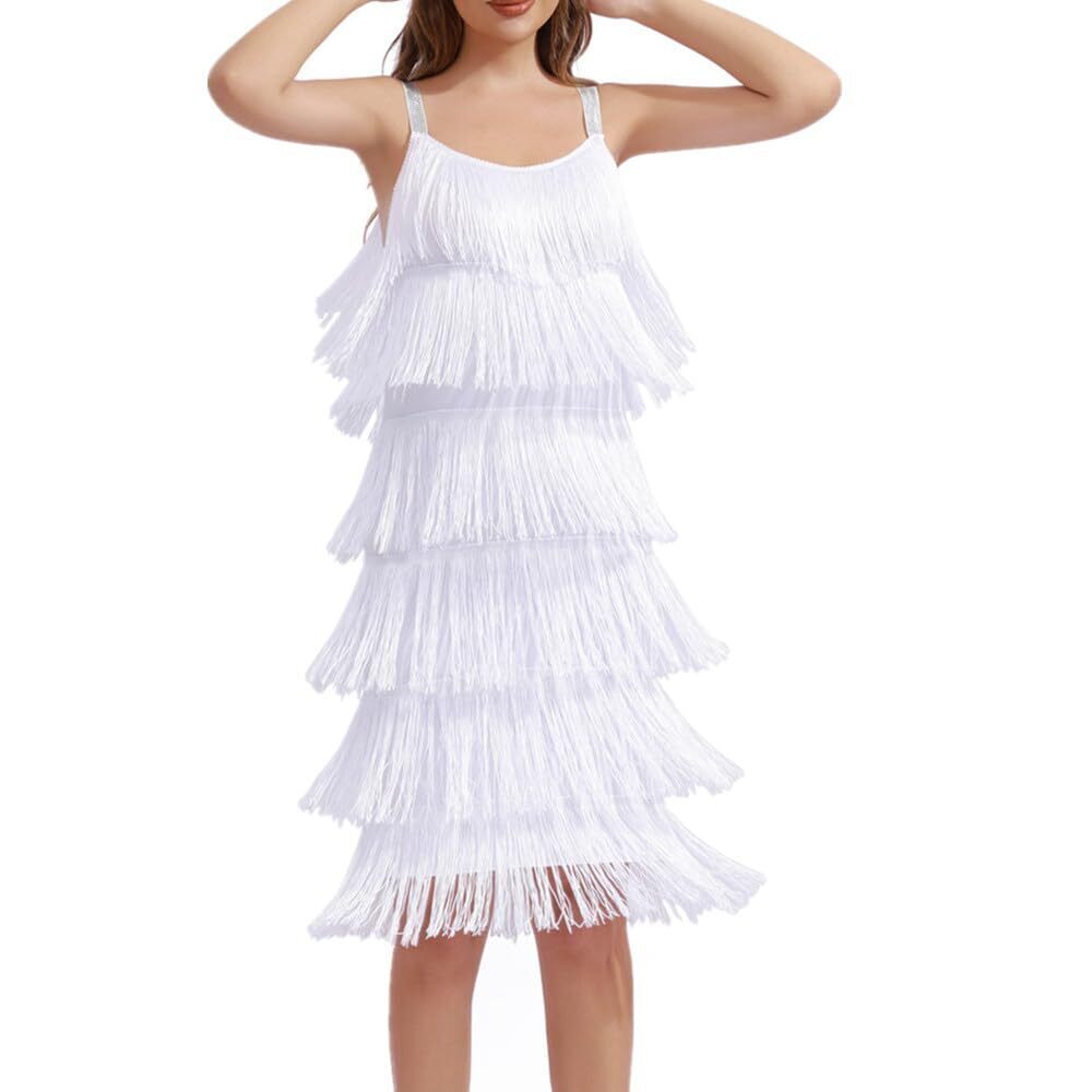 4416 Great Gatsby Flapper Spaghetti Tassel Dress with Headband, 20s Elegant